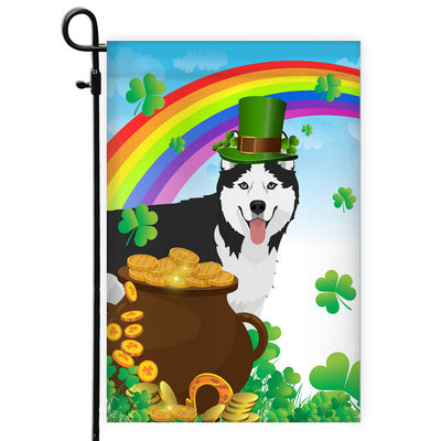Siberian Husky St Patrick's Day Dog Flag Funny Peeking Dog Wear Green Hat Golden Pot Coin Shamrock Rainbow Spring Banner for Home Decor | teecentury