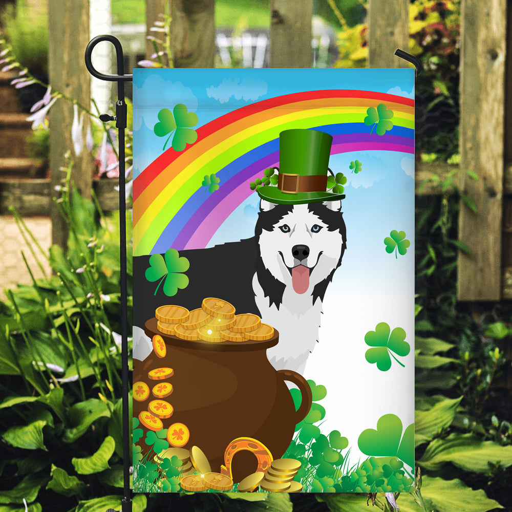 Siberian Husky St Patrick's Day Dog Flag Funny Peeking Dog Wear Green Hat Golden Pot Coin Shamrock Rainbow Spring Banner for Home Decor | teecentury