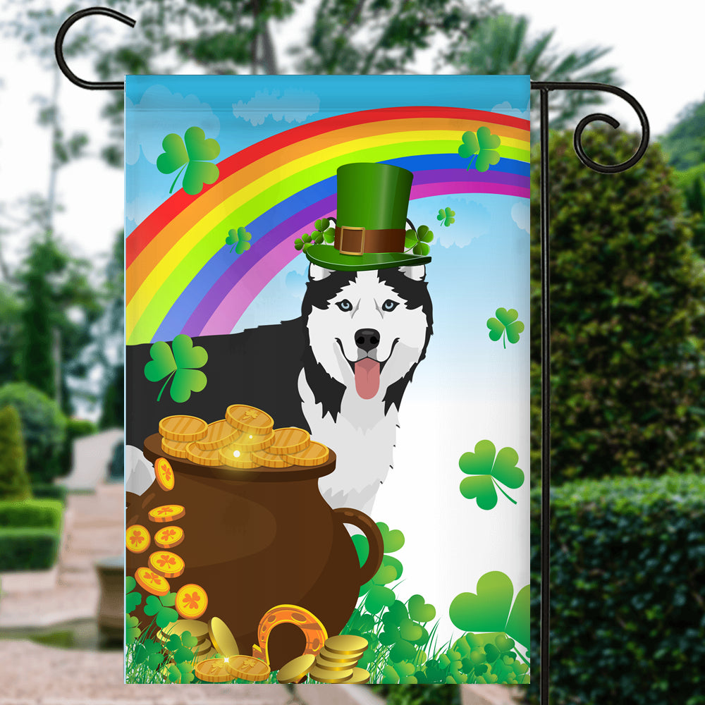 Siberian Husky St Patrick's Day Dog Flag Funny Peeking Dog Wear Green Hat Golden Pot Coin Shamrock Rainbow Spring Banner for Home Decor | teecentury