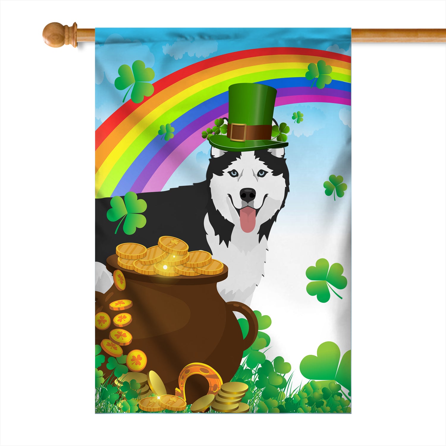 Siberian Husky St Patrick's Day Dog Flag Funny Peeking Dog Wear Green Hat Golden Pot Coin Shamrock Rainbow Spring Banner for Home Decor | teecentury