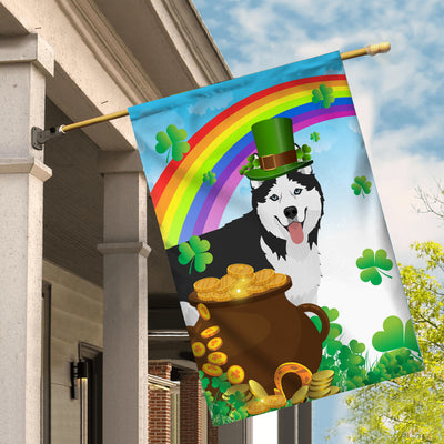 Siberian Husky St Patrick's Day Dog Flag Funny Peeking Dog Wear Green Hat Golden Pot Coin Shamrock Rainbow Spring Banner for Home Decor | teecentury