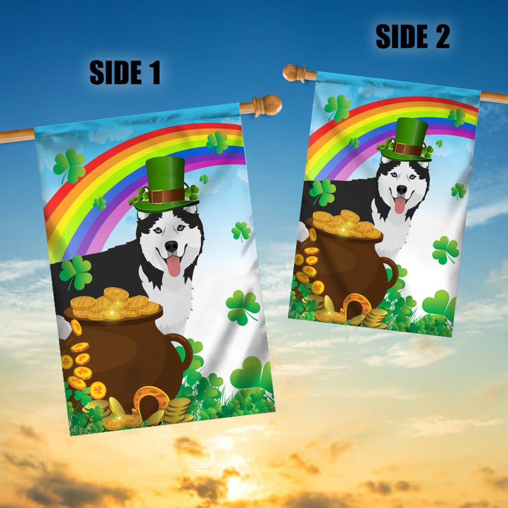 Siberian Husky St Patrick's Day Dog Flag Funny Peeking Dog Wear Green Hat Golden Pot Coin Shamrock Rainbow Spring Banner for Home Decor | teecentury