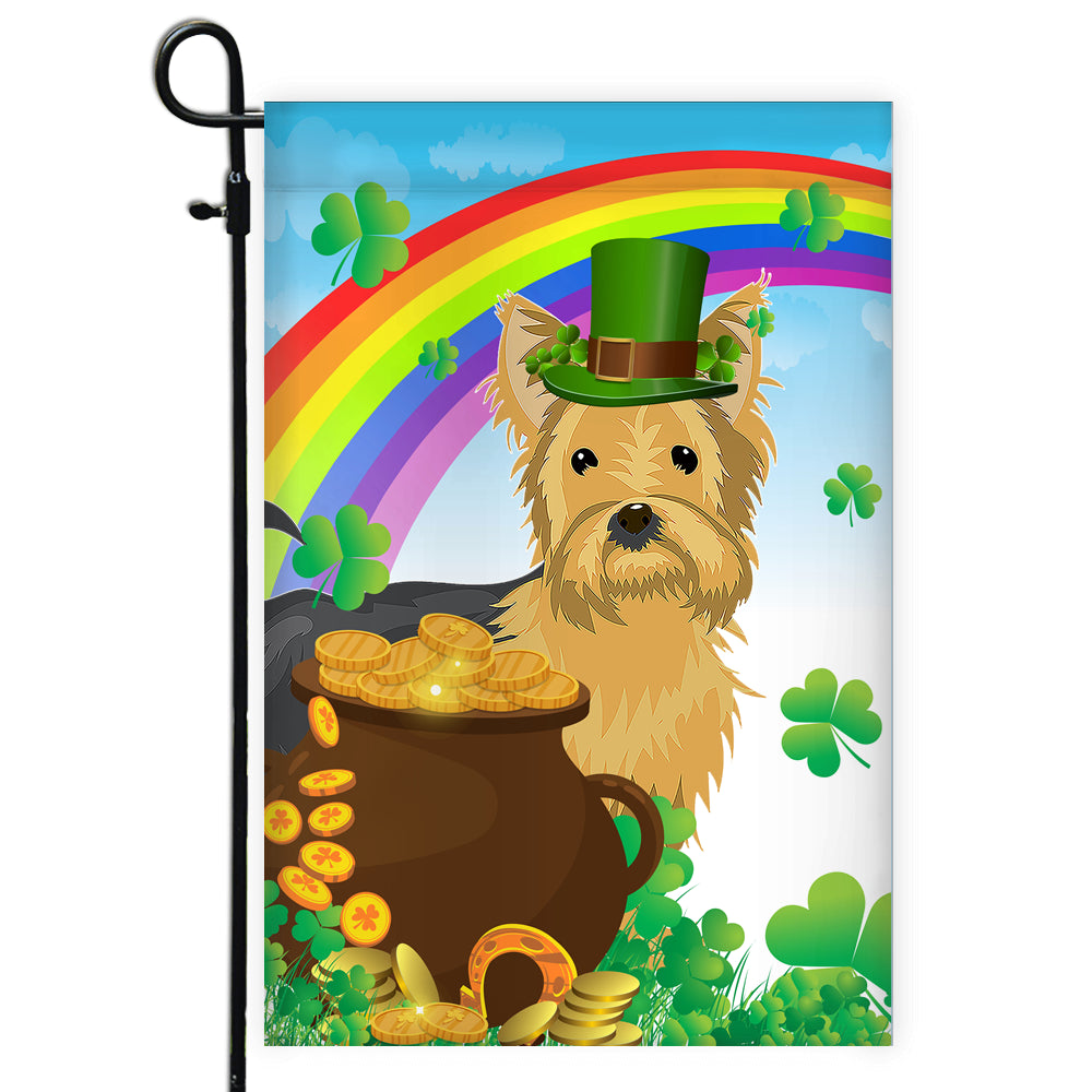Yorkie St Patrick's Day Dog Flag Funny Peeking Dog Wear Green Hat Golden Pot Coin Shamrock Rainbow Spring Banner for Home Decor | teecentury