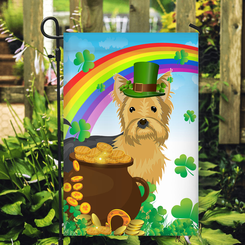 Yorkie St Patrick's Day Dog Flag Funny Peeking Dog Wear Green Hat Golden Pot Coin Shamrock Rainbow Spring Banner for Home Decor | teecentury