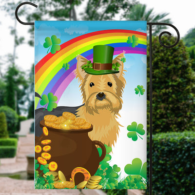 Yorkie St Patrick's Day Dog Flag Funny Peeking Dog Wear Green Hat Golden Pot Coin Shamrock Rainbow Spring Banner for Home Decor | teecentury