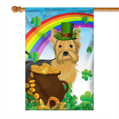 Yorkie St Patrick's Day Dog Flag Funny Peeking Dog Wear Green Hat Golden Pot Coin Shamrock Rainbow Spring Banner for Home Decor | teecentury
