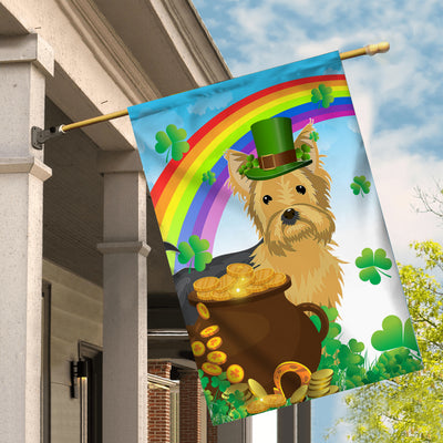 Yorkie St Patrick's Day Dog Flag Funny Peeking Dog Wear Green Hat Golden Pot Coin Shamrock Rainbow Spring Banner for Home Decor | teecentury
