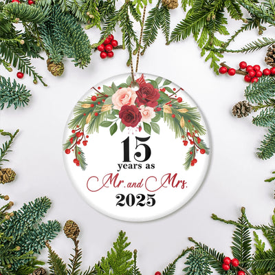 15th Wedding Anniversary 15 Years As Mr & Mrs 2025 Christmas Ornaments Gifts For Couples Husband Wife Holiday Decoration Christmas Tree Ornament | teecentury