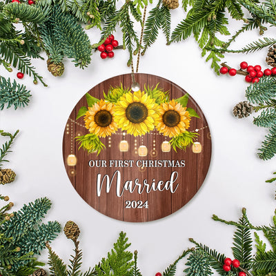 2022 Our First Christmas Married Mr And Mrs Gift Sunflower For Wedding Newlywed Couple 2022 Christmas Tree Ornament Ornament | Teecentury.com