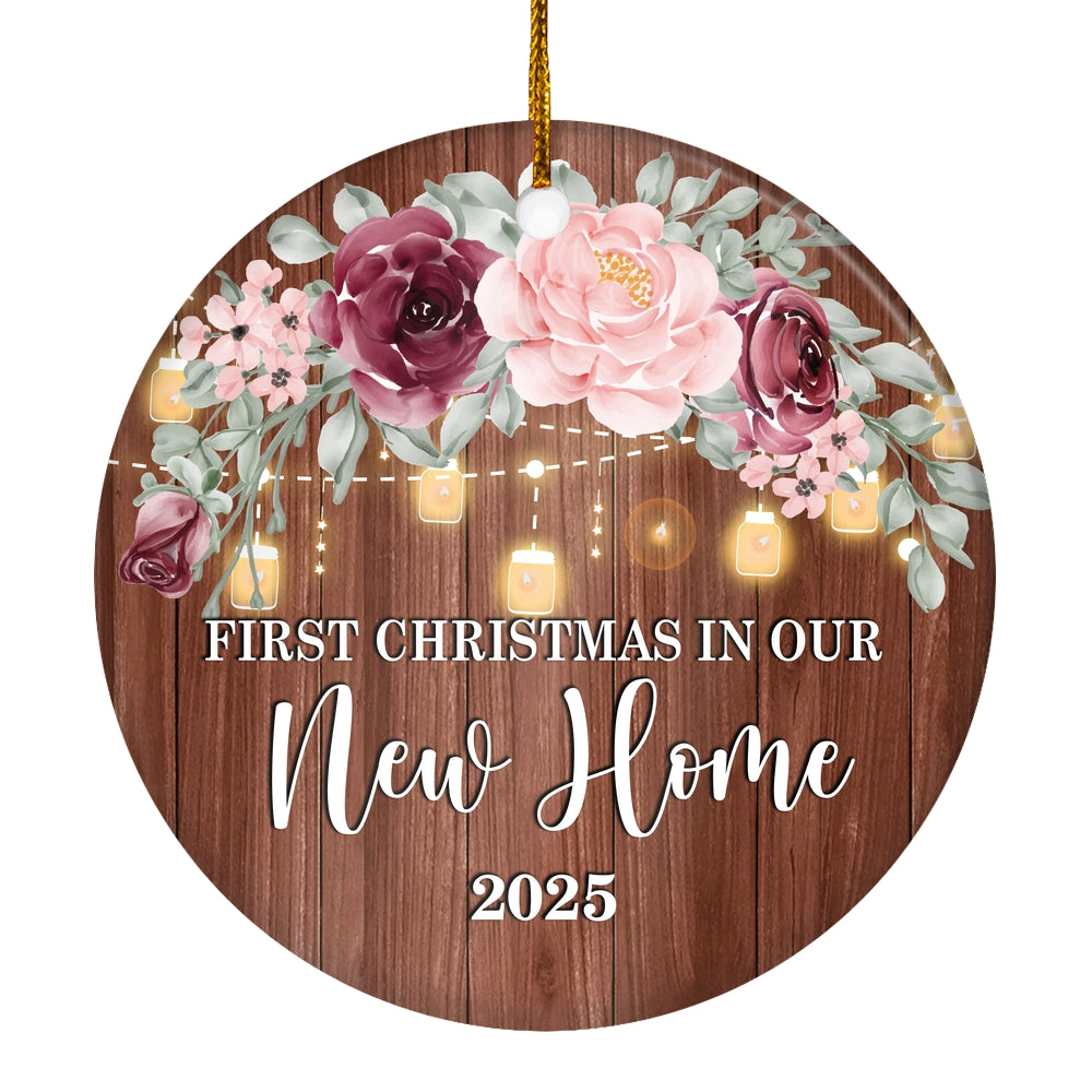2025 First Christmas In Our New Home Mr And Mrs Gift Burgundy Flower For Wedding Newlywed Couple 2025 Christmas Tree Ornament | teecentury