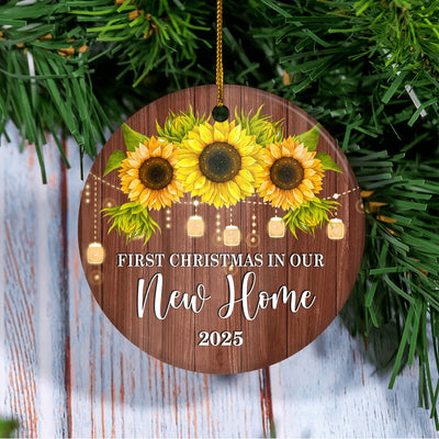 2025 First Christmas In Our New Home Mr And Mrs Gift Sunflower For Wedding Newlywed Couple 2025 Christmas Tree Ornament | teecentury