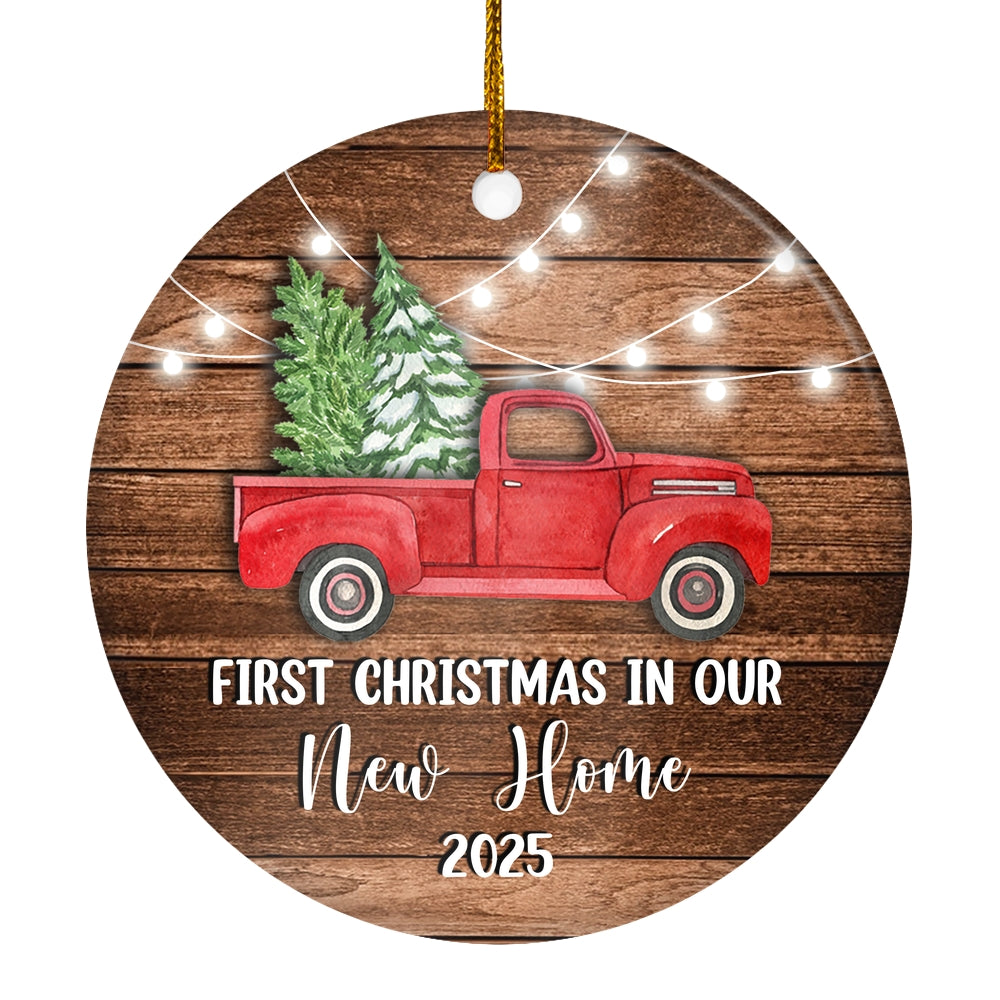 2025 First Christmas In Our New Home Red Car mr and mrs Truck Gift for Newlywed Couple 2025 Christmas Tree Ornament | teecentury