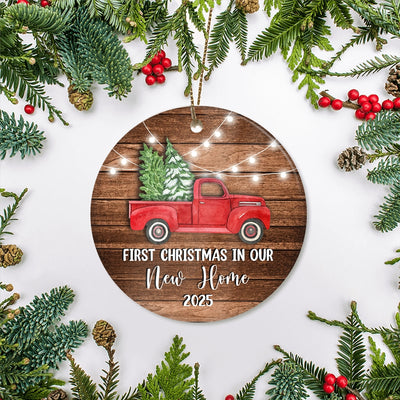 2025 First Christmas In Our New Home Red Car mr and mrs Truck Gift for Newlywed Couple 2025 Christmas Tree Ornament | teecentury