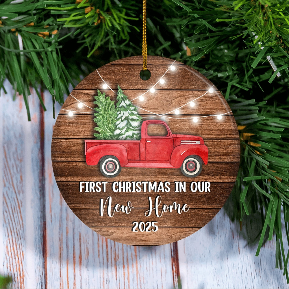 2025 First Christmas In Our New Home Red Car mr and mrs Truck Gift for Newlywed Couple 2025 Christmas Tree Ornament | teecentury