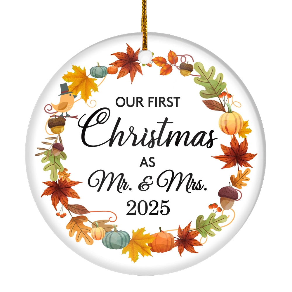 2025 Our First Christmas As Mr And Mrs Gift Autumn Leaf For Wedding Newlywed Couple 2025 Christmas Tree Ornament | teecentury