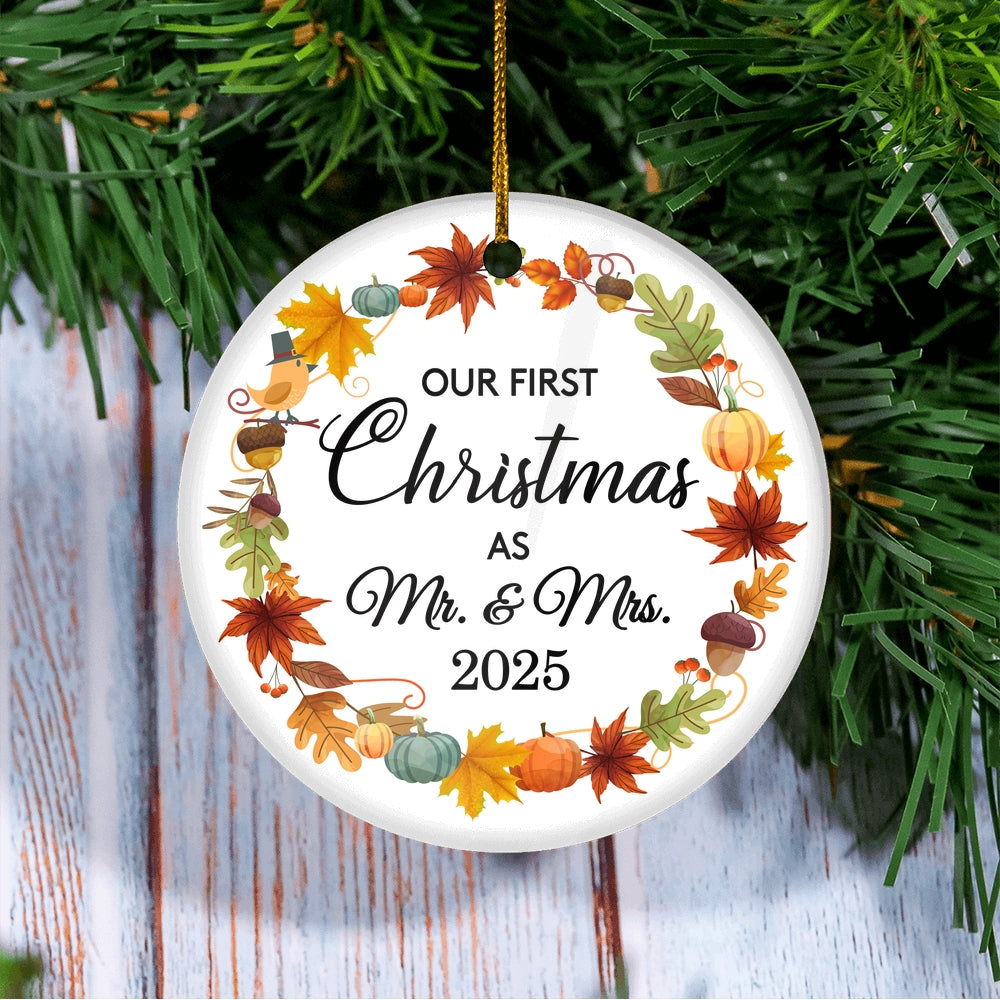 2025 Our First Christmas As Mr And Mrs Gift Autumn Leaf For Wedding Newlywed Couple 2025 Christmas Tree Ornament | teecentury