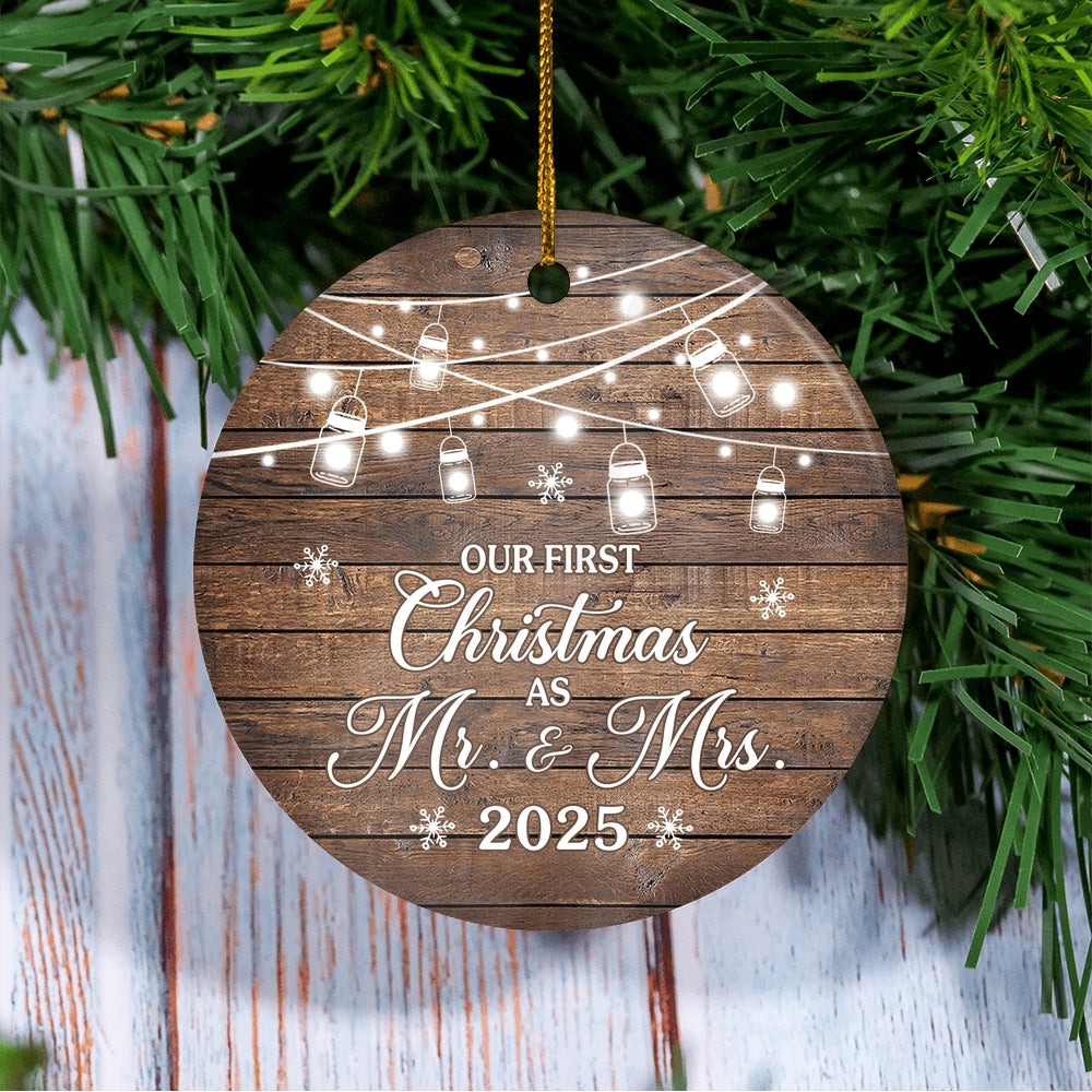 2025 Our First Christmas As Mr And Mrs Gift Brown For Wedding Newlywed Couple 2025 Christmas Tree Ornament | teecentury