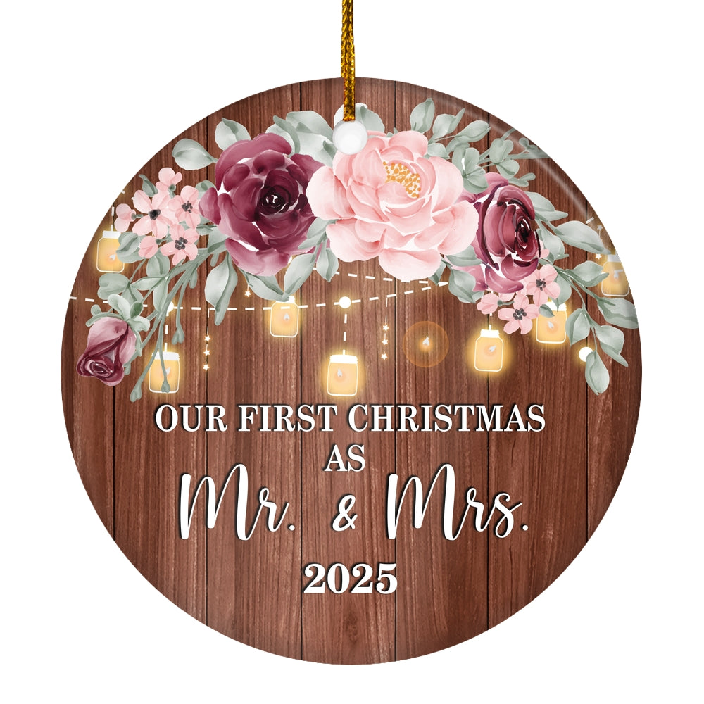 2025 Our First Christmas As Mr And Mrs Gift Burgundy Flower For Wedding Newlywed Couple 2025 Christmas Tree Ornament | teecentury