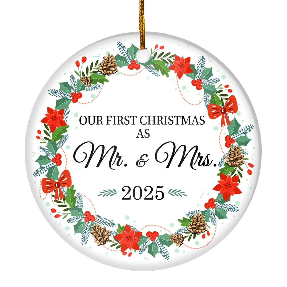 2025 Our First Christmas As Mr And Mrs Gift Christmas Flower For Wedding Newlywed Couple 2025 Christmas Tree Ornament | teecentury