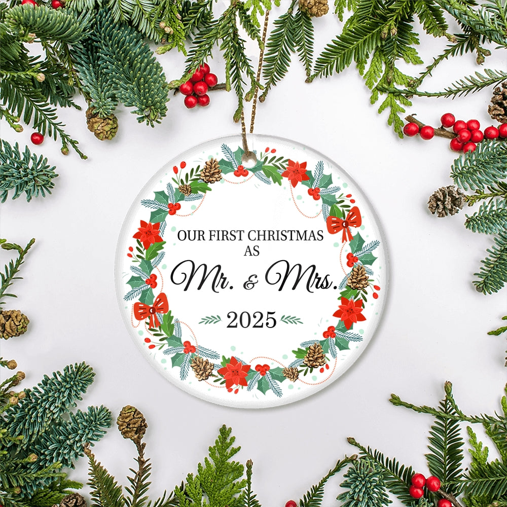 2025 Our First Christmas As Mr And Mrs Gift Christmas Flower For Wedding Newlywed Couple 2025 Christmas Tree Ornament | teecentury