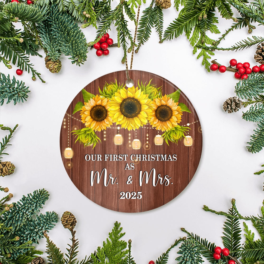 2025 Our First Christmas As Mr And Mrs Gift Sunflower For Wedding Newlywed Couple 2025 Christmas Tree Ornament | teecentury
