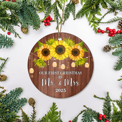 2025 Our First Christmas As Mr And Mrs Gift Sunflower For Wedding Newlywed Couple 2025 Christmas Tree Ornament | teecentury