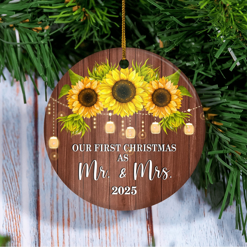 2025 Our First Christmas As Mr And Mrs Gift Sunflower For Wedding Newlywed Couple 2025 Christmas Tree Ornament | teecentury