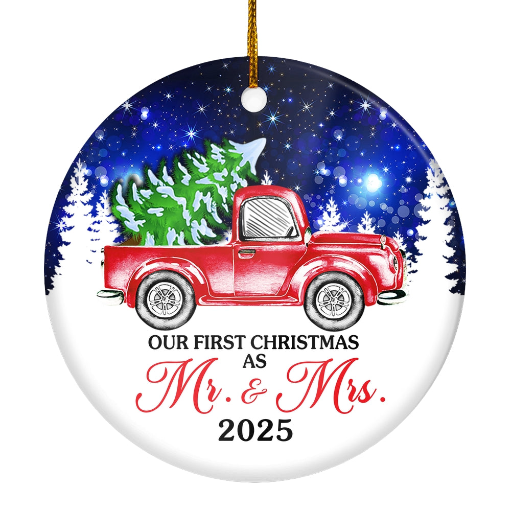 2025 Our First Christmas As Mr And Mrs Red Truck Tree For Wedding Newlywed Couple 2025 Christmas Tree Ornament | teecentury