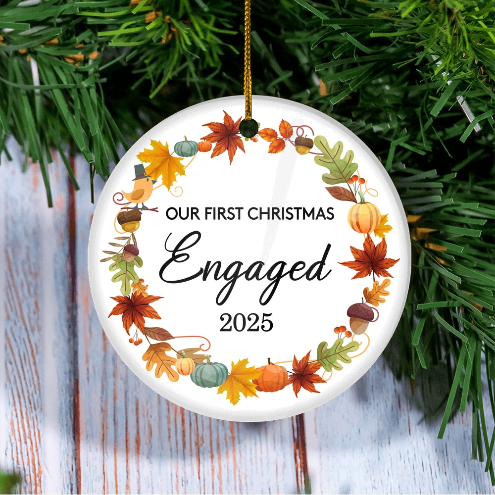 2025 Our First Christmas Engaged Just Married Autumn Leaf Gift For Wedding Newlywed Couple 2025 Christmas Tree Ornament | teecentury