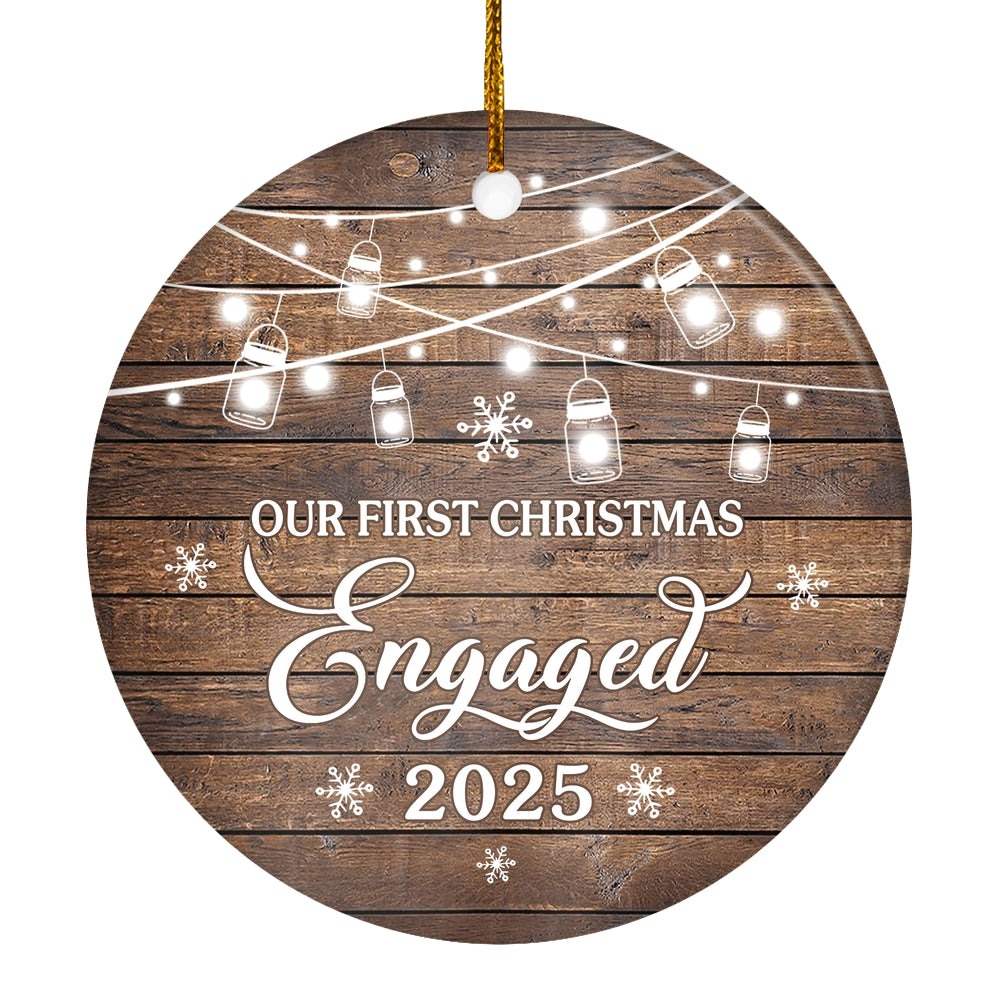 2025 Our First Christmas Engaged Just Married Brown Gift For Wedding Newlywed Couple 2025 Christmas Tree Ornament | teecentury