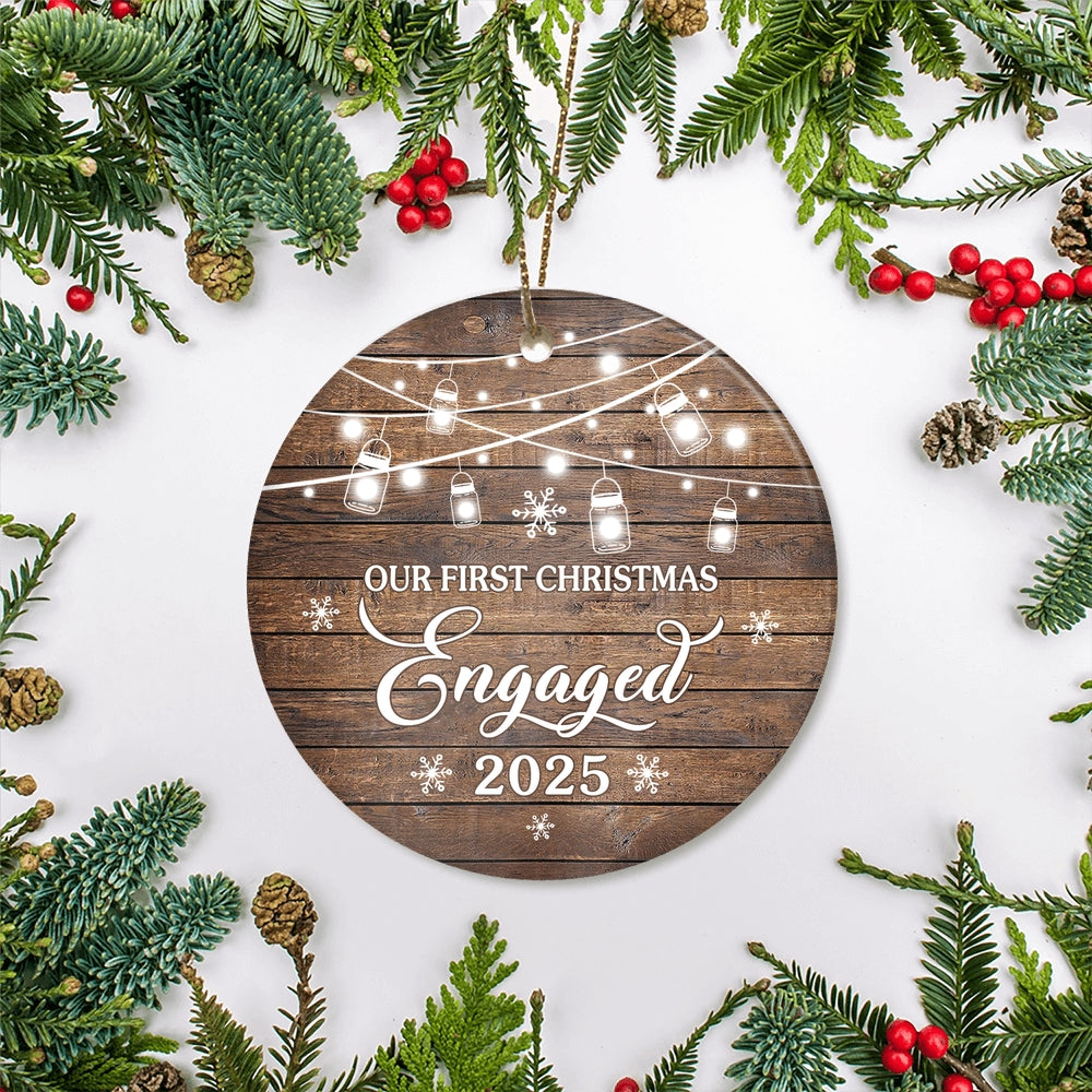 2025 Our First Christmas Engaged Just Married Brown Gift For Wedding Newlywed Couple 2025 Christmas Tree Ornament | teecentury