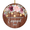 2025 Our First Christmas Engaged Just Married Burgundy Flower Gift For Wedding Newlywed Couple 2025 Christmas Tree Ornament | teecentury