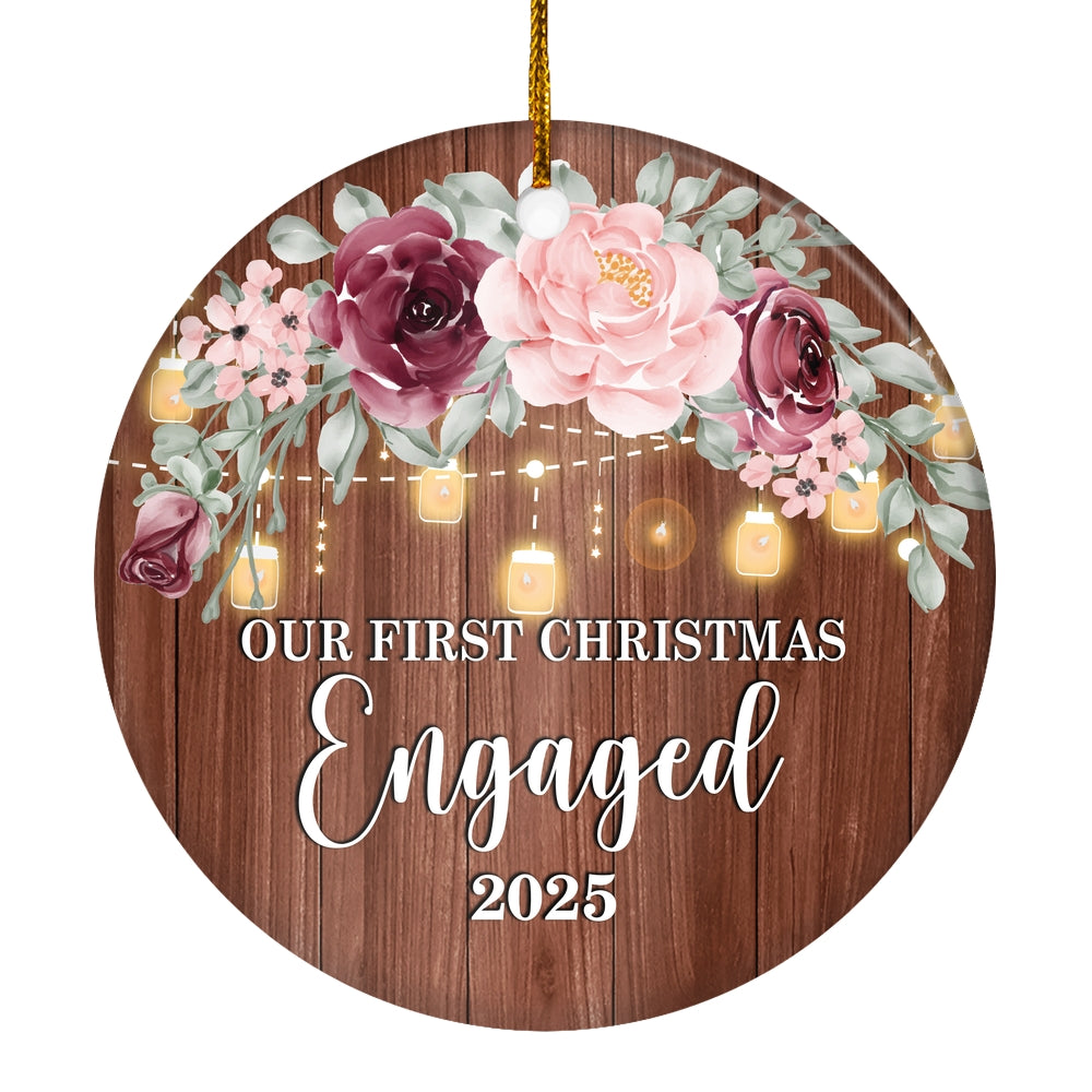 2025 Our First Christmas Engaged Just Married Burgundy Flower Gift For Wedding Newlywed Couple 2025 Christmas Tree Ornament | teecentury