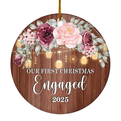 2025 Our First Christmas Engaged Just Married Burgundy Flower Gift For Wedding Newlywed Couple 2025 Christmas Tree Ornament | teecentury