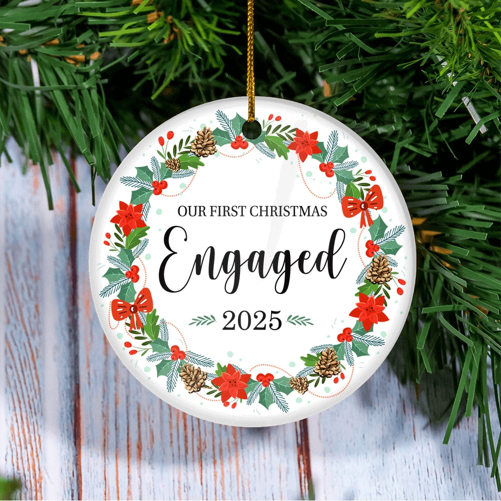2025 Our First Christmas Engaged Just Married Christmas Flower Gift For Wedding Newlywed Couple 2025 Christmas Tree Ornament | teecentury