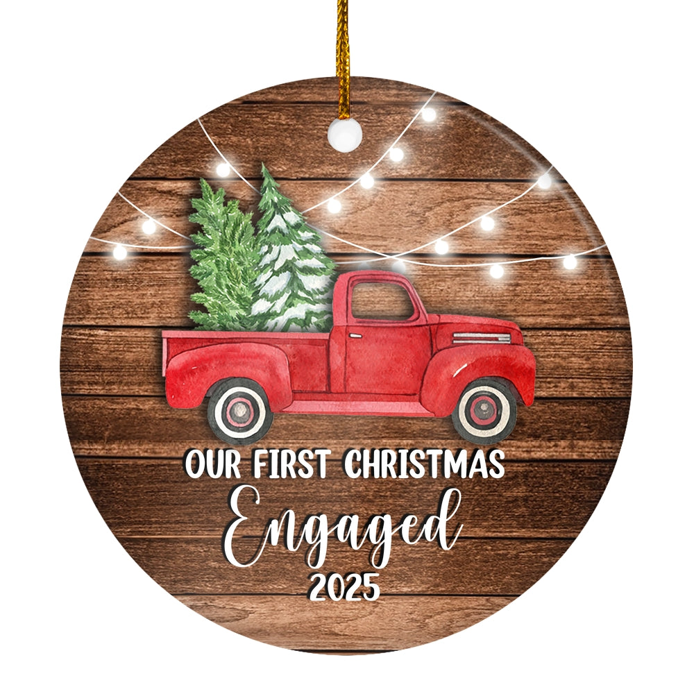2025 Our First Christmas Engaged Just Married Red Car Truck Gift for Newlywed Couple 2025 Christmas Tree Ornament | teecentury
