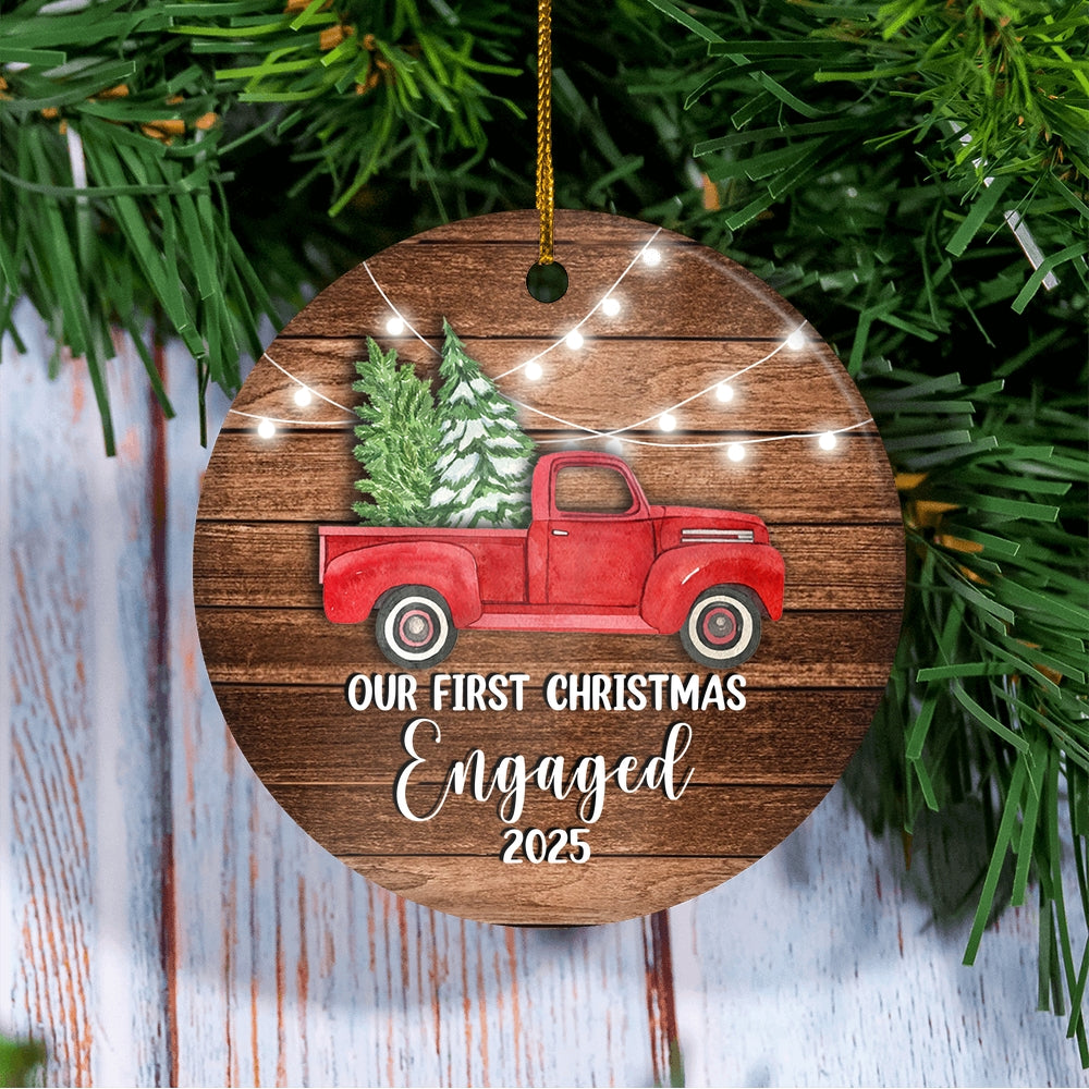 2025 Our First Christmas Engaged Just Married Red Car Truck Gift for Newlywed Couple 2025 Christmas Tree Ornament | teecentury