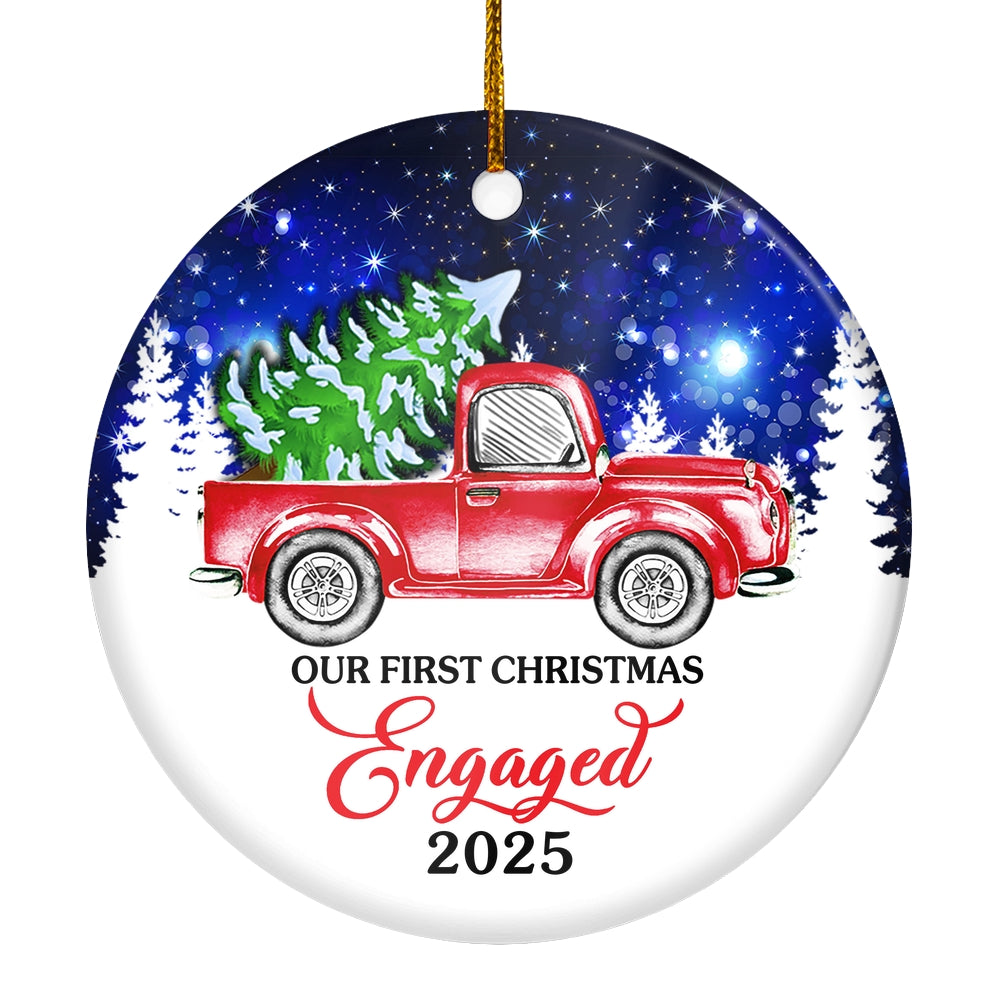 2025 Our First Christmas Engaged Just Married Red Truck Tree For Wedding Newlywed Couple 2025 Christmas Tree Ornament | teecentury