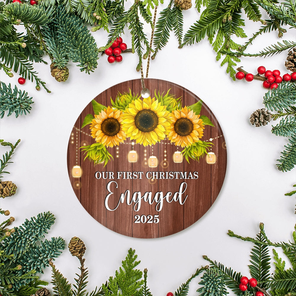 2025 Our First Christmas Engaged Just Married Sunflower Gift For Wedding Newlywed Couple 2025 Christmas Tree Ornament | teecentury