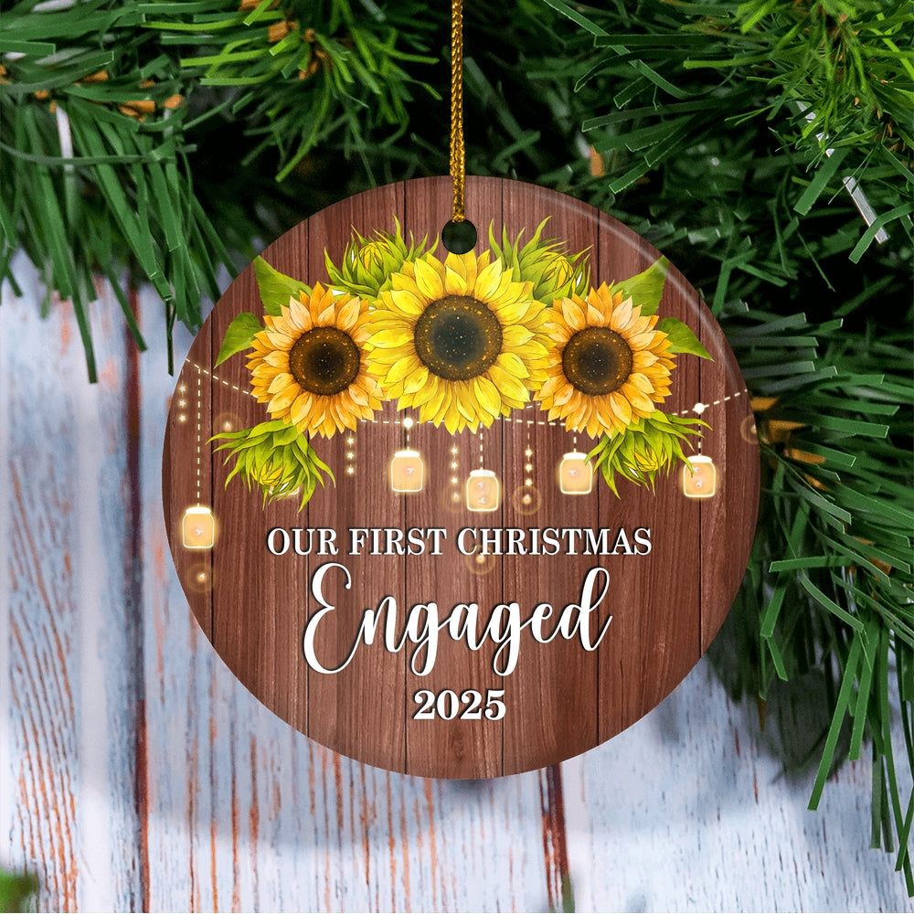 2025 Our First Christmas Engaged Just Married Sunflower Gift For Wedding Newlywed Couple 2025 Christmas Tree Ornament | teecentury