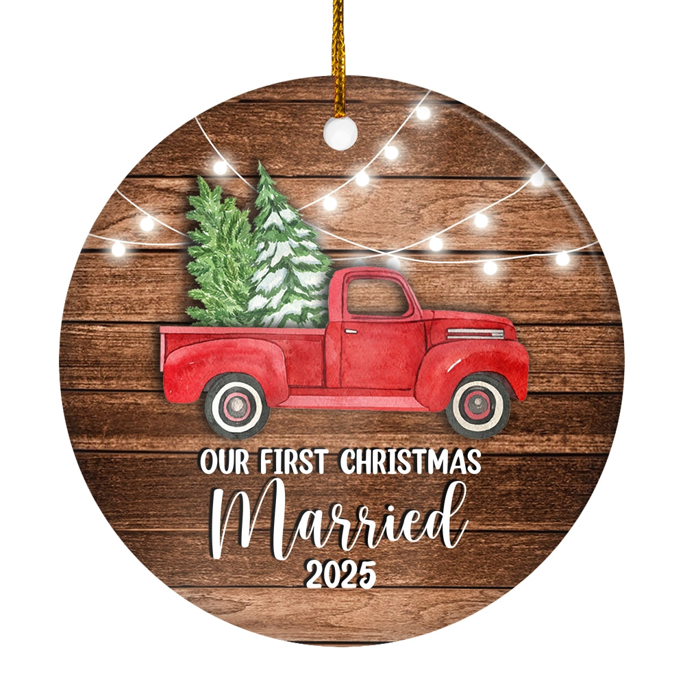 2025 Our First Christmas Married MR and MRS Red Car Truck Gift for Newlywed Couple 2025 Christmas Tree Ornament | teecentury