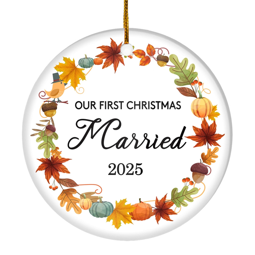 2025 Our First Christmas Married Mr And Mrs Gift Autumn Leaf For Wedding Newlywed Couple 2025 Christmas Tree Ornament | teecentury