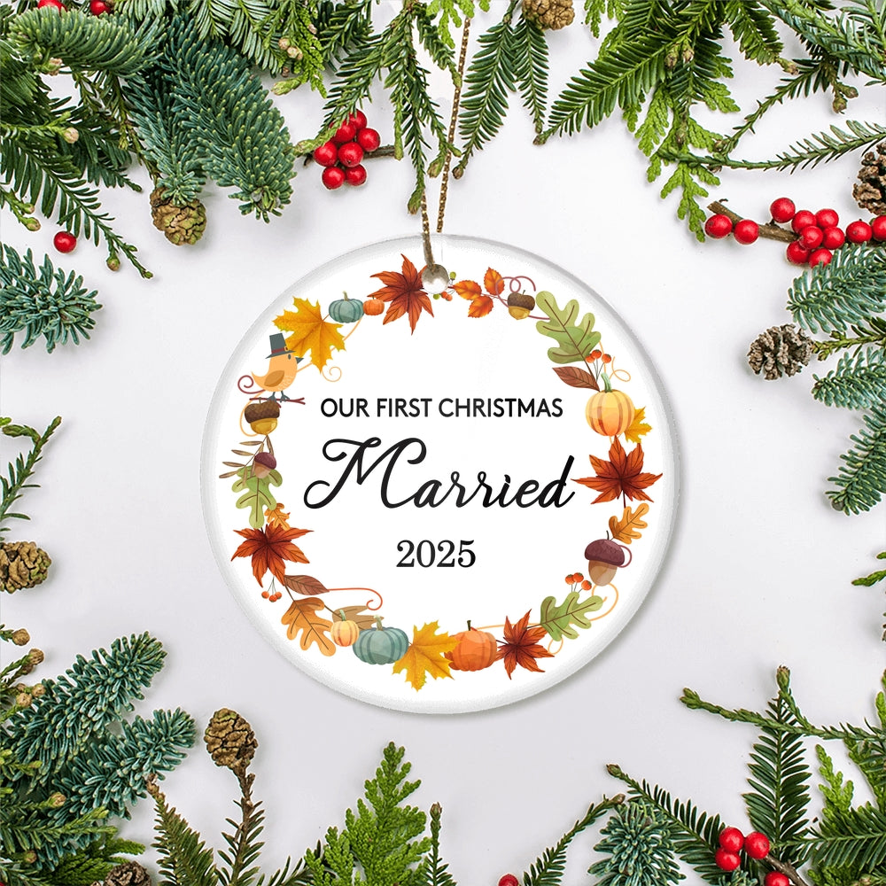 2025 Our First Christmas Married Mr And Mrs Gift Autumn Leaf For Wedding Newlywed Couple 2025 Christmas Tree Ornament | teecentury