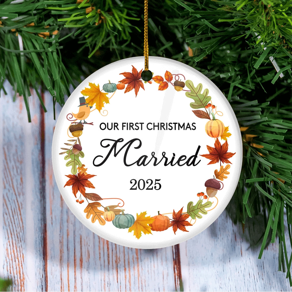 2025 Our First Christmas Married Mr And Mrs Gift Autumn Leaf For Wedding Newlywed Couple 2025 Christmas Tree Ornament | teecentury