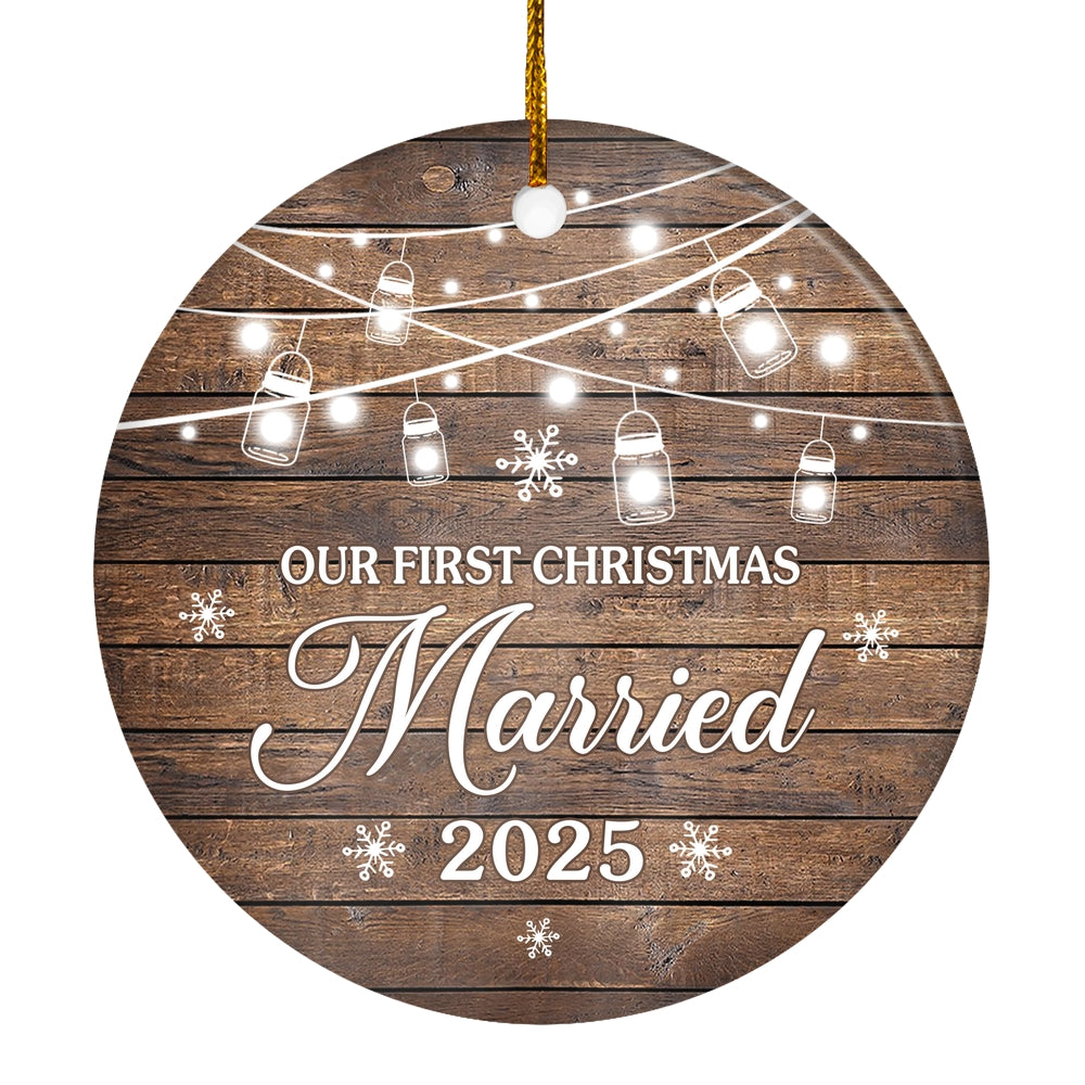 2025 Our First Christmas Married Mr And Mrs Gift Brown For Wedding Newlywed Couple 2025 Christmas Tree Ornament | teecentury