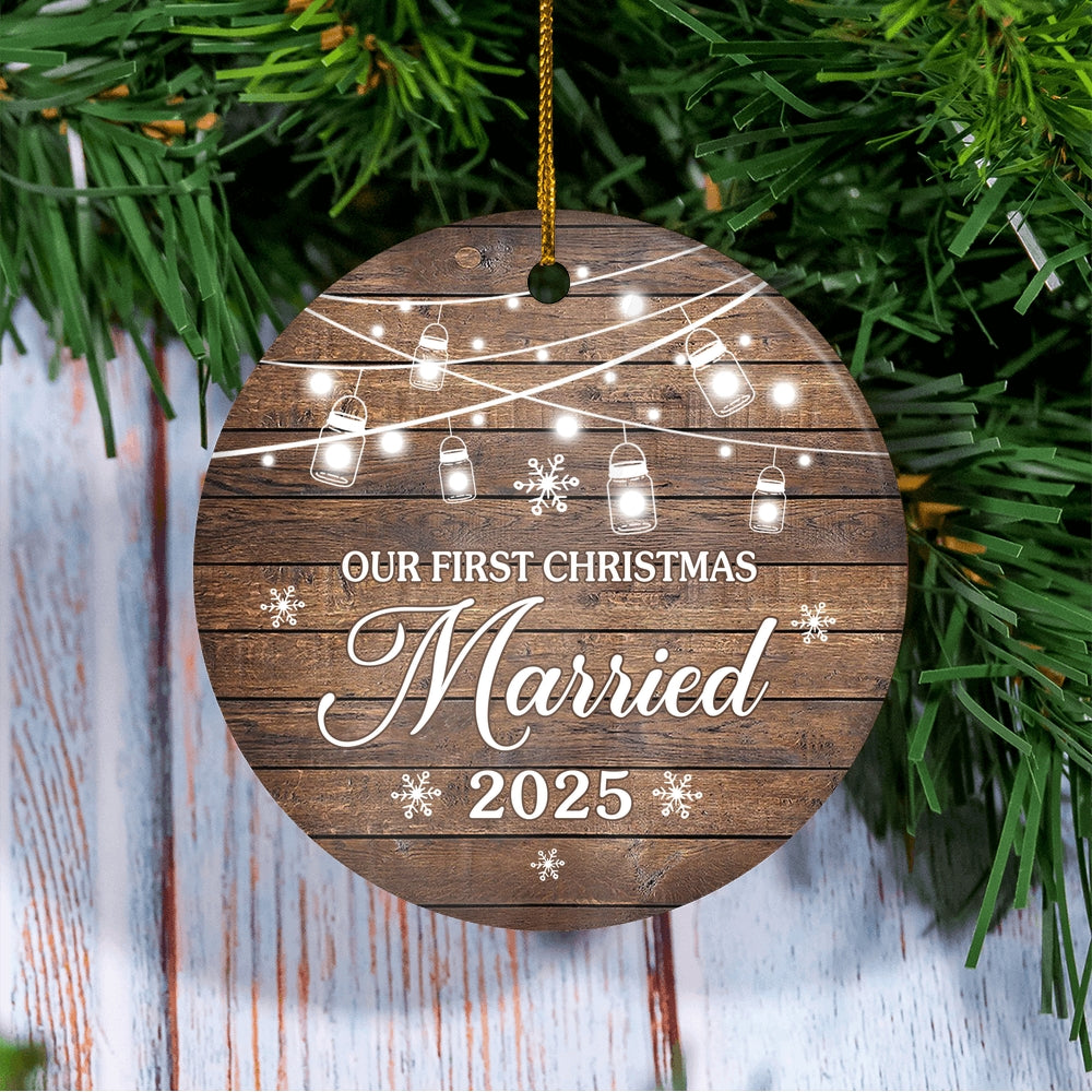 2025 Our First Christmas Married Mr And Mrs Gift Brown For Wedding Newlywed Couple 2025 Christmas Tree Ornament | teecentury
