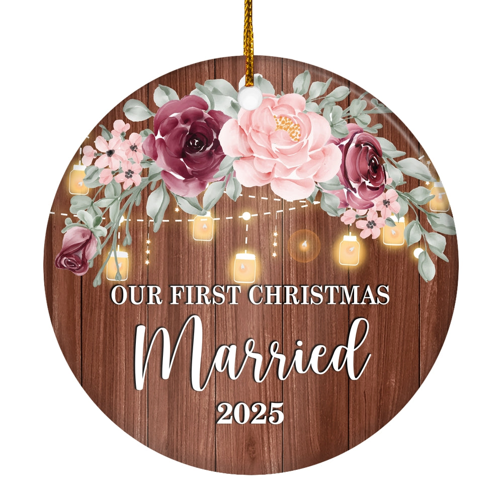 2025 Our First Christmas Married Mr And Mrs Gift Burgundy Flower For Wedding Newlywed Couple 2025 Christmas Tree Ornament | teecentury