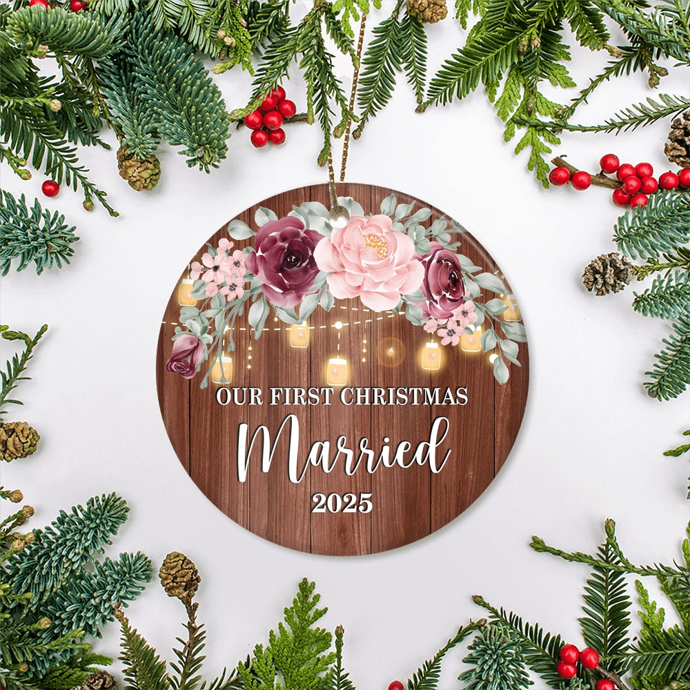 2025 Our First Christmas Married Mr And Mrs Gift Burgundy Flower For Wedding Newlywed Couple 2025 Christmas Tree Ornament | teecentury