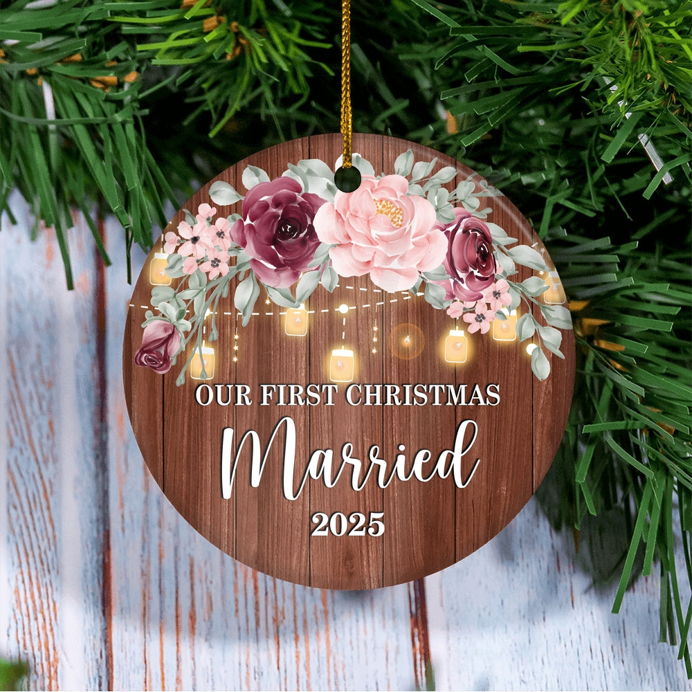 2025 Our First Christmas Married Mr And Mrs Gift Burgundy Flower For Wedding Newlywed Couple 2025 Christmas Tree Ornament | teecentury