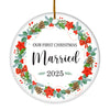 2025 Our First Christmas Married Mr And Mrs Gift Christmas Flower For Wedding Newlywed Couple 2025 Christmas Tree Ornament | teecentury